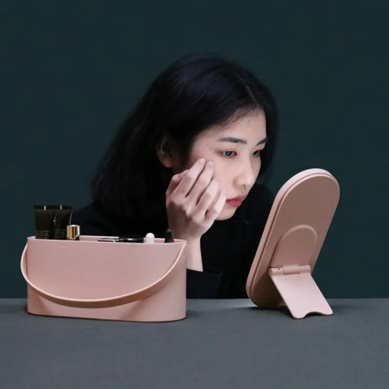 Portable Makeup Case Makeup Mirror With Led Light 2 In 1 Cosmetic Storage Box - White_1